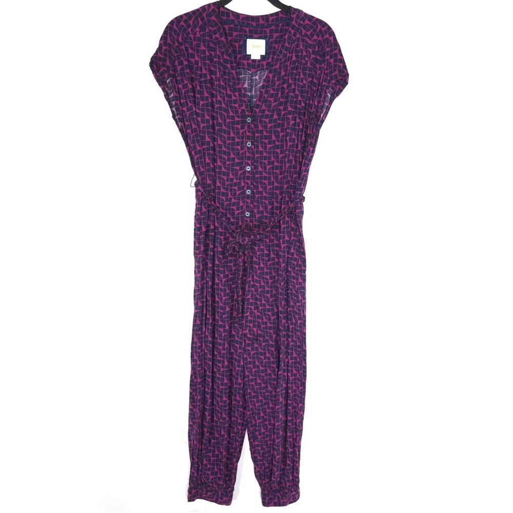 ANTHROPOLOGIE MAEVE Women's Jumpsuit XS Purple Blueprint Tie Waist Rayon Boho